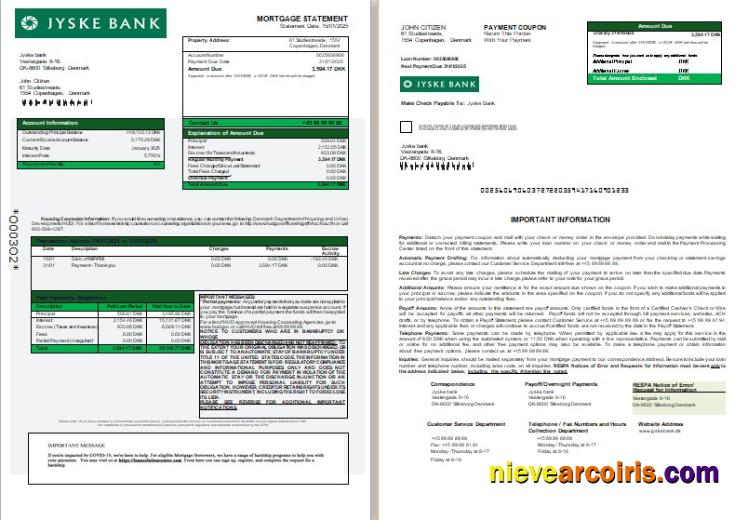 Denmark Jyske bank mortgage statement, 3 pages, 1-2
